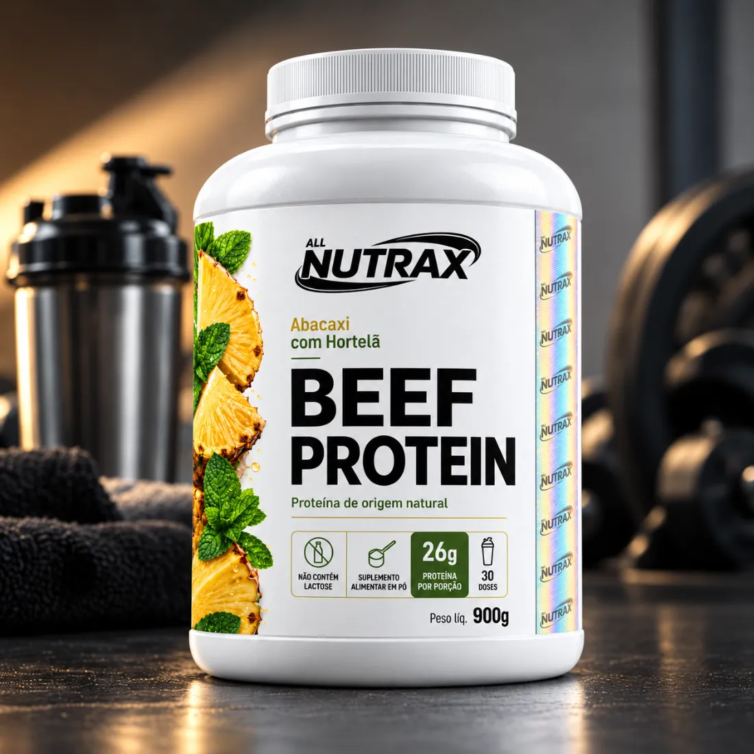 Pote de Beef Protein Abacaxi com Hortelã em ambiente de academia