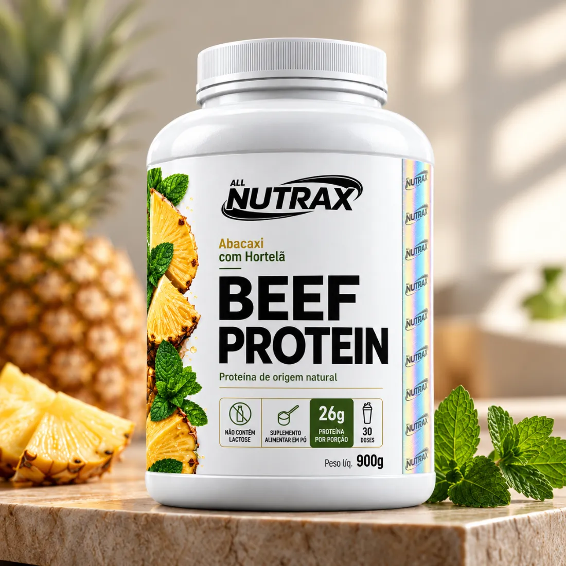 Beef Protein Abacaxi com Hortelã ao lado de abacaxi fresco e folhas de hortelã