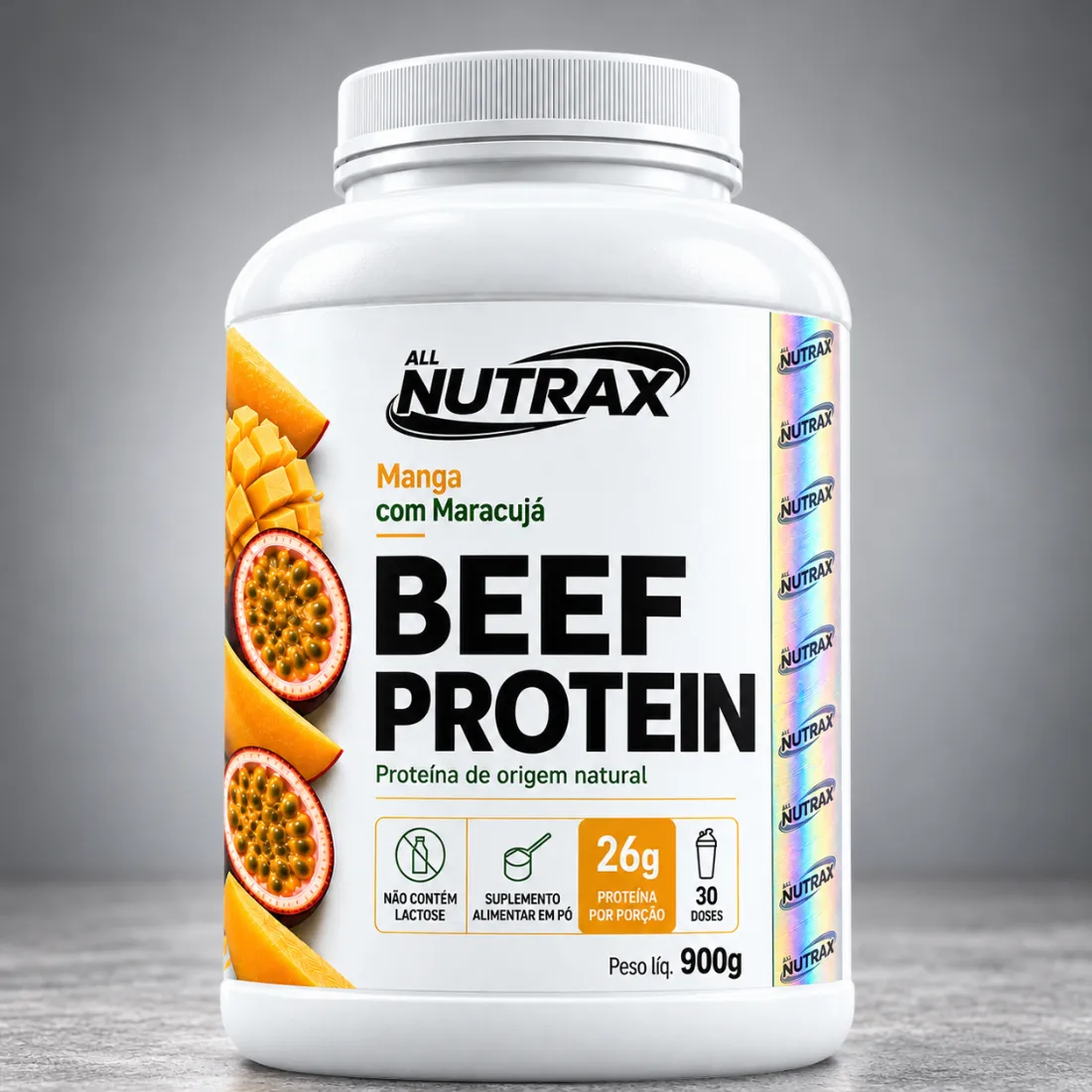 Pote de Beef Protein Manga com Maracujá em fundo de estúdio