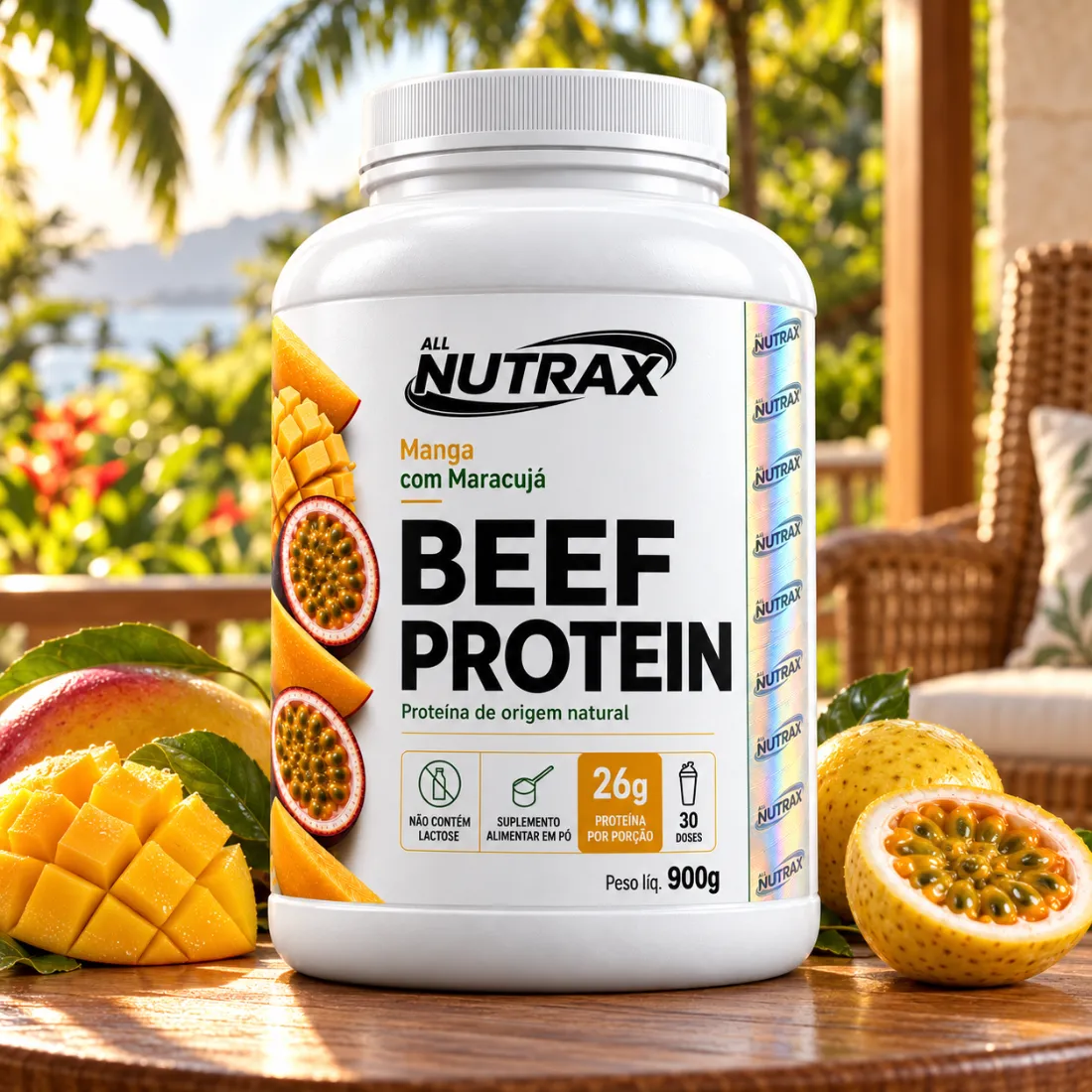 Beef Protein Manga com Maracujá ao lado de manga e maracujá frescos